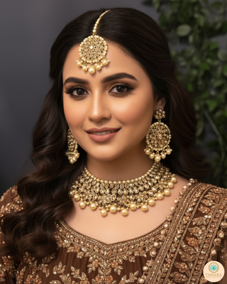 Pearly Antique Gold Necklace Set (Necklace, Earrings, Tikka) - Golden