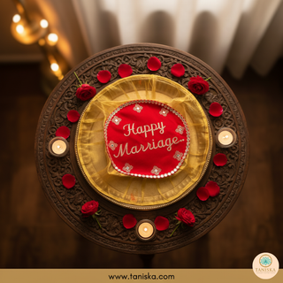 "Happy Marriage" - 1 Red Multi-Purpose DORI RUMAL (Gift Bag, Thaal Cover, Potli Bag - Perfect for: Indian Wedding, Shagan Ceremony, Chunni Charhana, Bridal Shower, Baby Shower, Maiyan, Weddings, Favors, Shaadi, Walima)