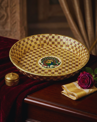 Handcrafted Meenakari Choora Bowl | Traditional Peacock Design Wedding Ritual Bowl | 14.5cm Gold Enamel Bowl