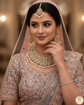 Pearly Antique Gold Necklace Set (Necklace, Earrings, Tikka) - Golden / Baby Pink
