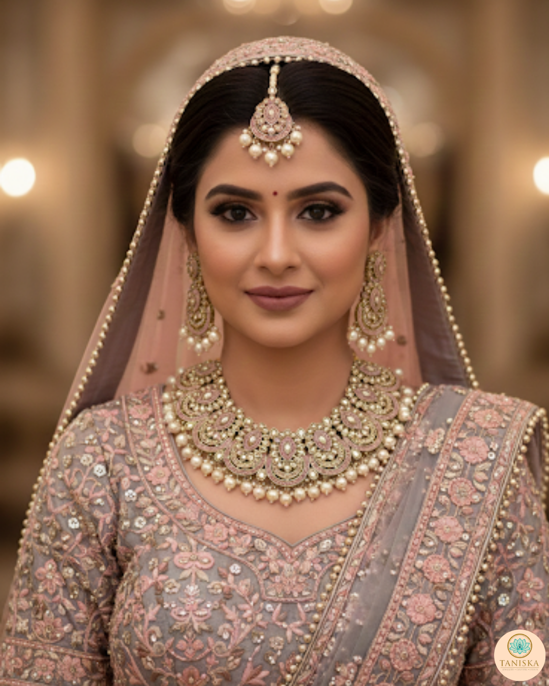 Pearly Antique Gold Necklace Set (Necklace, Earrings, Tikka) - Golden / Baby Pink