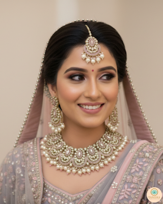 Pearly Antique Gold Necklace Set (Necklace, Earrings, Tikka) - Golden / Baby Pink