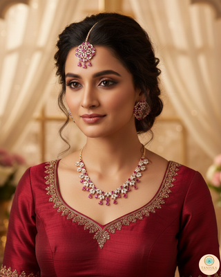 American Diamond Style Necklace Set - Rose Gold/Hot Pink