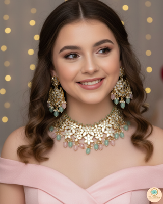 Pearly Antique Gold Necklace Set (Necklace, Earrings, Tikka) - Golden / Pink / Mint