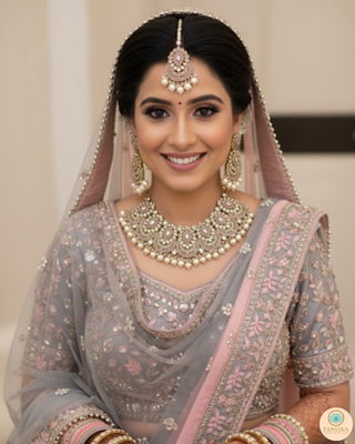 Pearly Antique Gold Necklace Set (Necklace, Earrings, Tikka) - Golden / Baby Pink