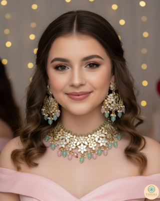 Pearly Antique Gold Necklace Set (Necklace, Earrings, Tikka) - Golden / Pink / Mint