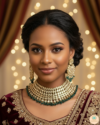 Pearly Antique Gold Necklace Set (Necklace, Earrings, Tikka) - Golden / Emerald Green