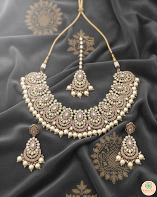 Pearly Antique Gold Necklace Set (Necklace, Earrings, Tikka) - Golden / Baby Pink
