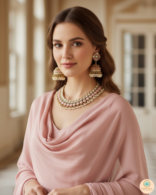 Baby Pink Traditional Necklace Set - Antique Gold