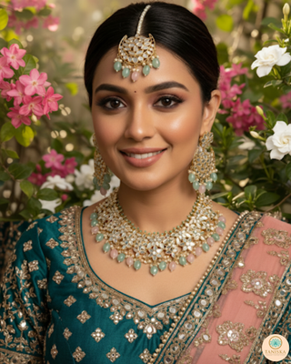 Pearly Antique Gold Necklace Set (Necklace, Earrings, Tikka) - Golden / Pink / Mint