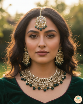 Pearly Antique Gold Necklace Set (Necklace, Earrings, Tikka) - Gold / Emerald Green
