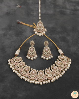Pearly Antique Gold Necklace Set (Necklace, Earrings, Tikka) - Golden / Baby Pink