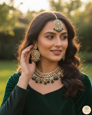 Pearly Antique Gold Necklace Set (Necklace, Earrings, Tikka) - Gold / Emerald Green