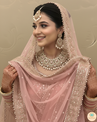 Pearly Antique Gold Necklace Set (Necklace, Earrings, Tikka) - Golden / Baby Pink