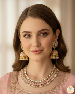 Baby Pink Traditional Necklace Set - Antique Gold