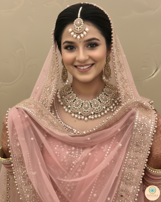 Pearly Antique Gold Necklace Set (Necklace, Earrings, Tikka) - Golden / Baby Pink