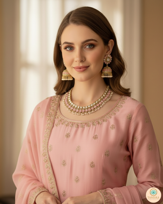 Baby Pink Traditional Necklace Set - Antique Gold