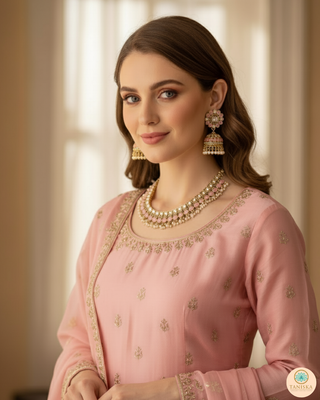 Baby Pink Traditional Necklace Set - Antique Gold