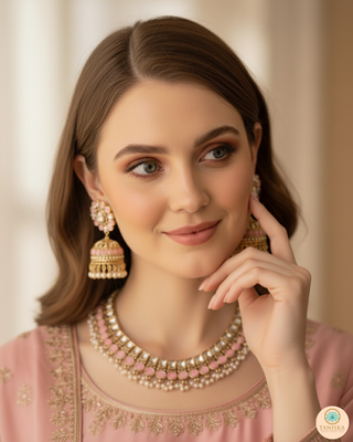 Baby Pink Traditional Necklace Set - Antique Gold