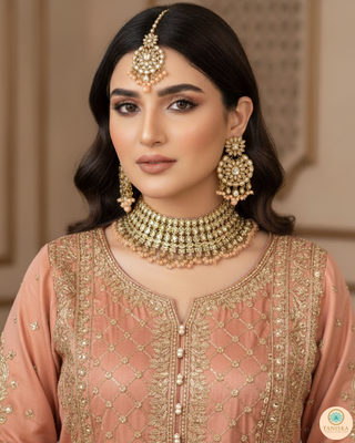 Pearly Antique Gold Necklace Set (Necklace, Earrings, Tikka) - Golden / Peach