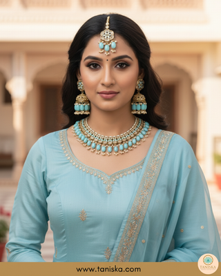 Baby Blue Traditional Necklace Set - Antique Gold