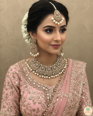 Pearly Antique Gold Necklace Set (Necklace, Earrings, Tikka) - Golden / Baby Pink