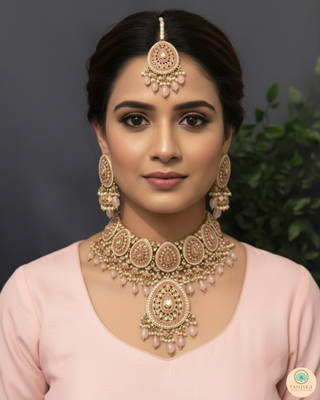 Pearly Antique Gold Necklace Set (Necklace, Earrings, Tikka) - Golden / Baby Pink
