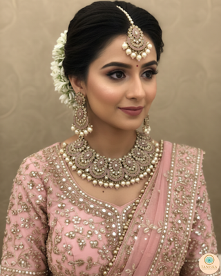 Pearly Antique Gold Necklace Set (Necklace, Earrings, Tikka) - Golden / Baby Pink