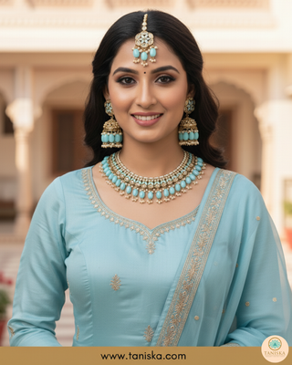 Baby Blue Traditional Necklace Set - Antique Gold