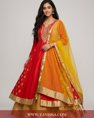 Crimson Silk Zari Work Anarkali Suit