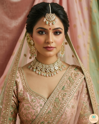 Pearly Antique Gold Necklace Set (Necklace, Earrings, Tikka) - Golden / Pink / Mint