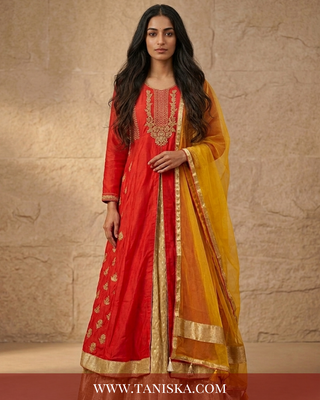 Crimson Silk Zari Work Anarkali Suit
