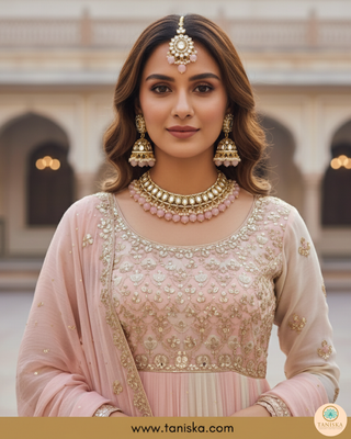 Baby Pink Traditional Necklace Set - Antique Gold
