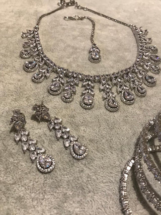 American Diamond Style Necklace Set - Silver - Necklace Set