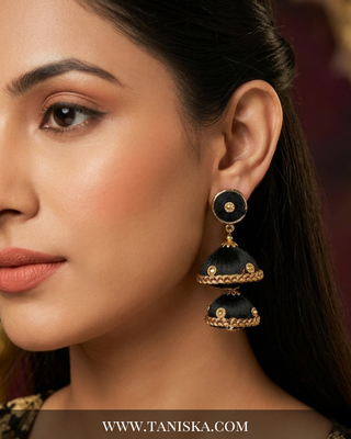 Ebony Silk Thread Double Jhumka Earrings