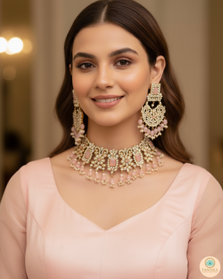 Pearly Antique Gold Necklace Set (Necklace, Earrings, Tikka) - Golden / Baby Pink