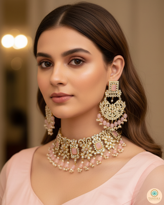 Pearly Antique Gold Necklace Set (Necklace, Earrings, Tikka) - Golden / Baby Pink