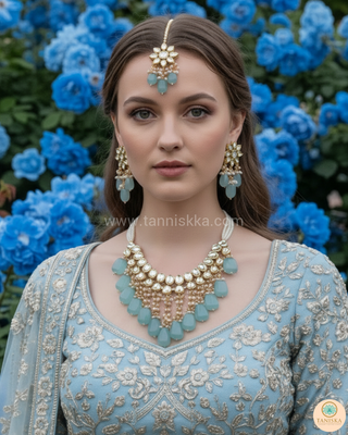 MISHA Kundan Necklace Set (Sky Blue, Baby Pink Combo)