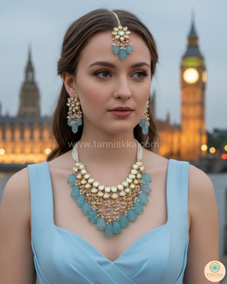 MISHA Kundan Necklace Set (Sky Blue, Baby Pink Combo)