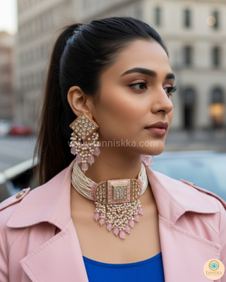 ISHANA Baby Pink Uncut-Kundan Necklace/Choker Set