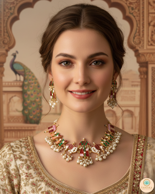 The Pink & Green Dholi Meenakari Pearl Choker Set