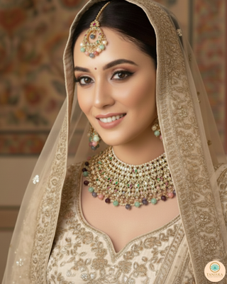 Pearly Antique Gold Necklace Set (Necklace, Earrings, Tikka) - Golden / Multi