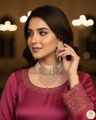 ISHANA Baby Pink Uncut-Kundan Necklace/Choker Set