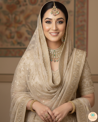 Pearly Antique Gold Necklace Set (Necklace, Earrings, Tikka) - Golden / Multi