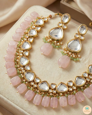MEEREN Kundan Choker Necklace Set (Baby Pink. Mint Combo)