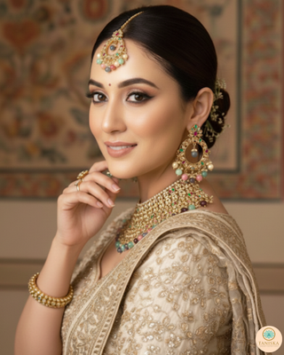 Pearly Antique Gold Necklace Set (Necklace, Earrings, Tikka) - Golden / Multi