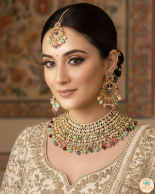 Pearly Antique Gold Necklace Set (Necklace, Earrings, Tikka) - Golden / Multi