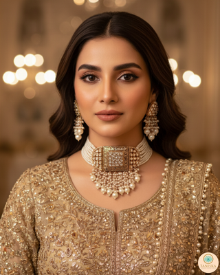 ISHANA Golden Uncut-Kundan Necklace/Choker Set