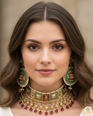 Pearly Antique Gold Necklace Set (Necklace, Earrings, Tikka) - Golden / Multi