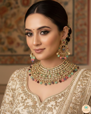 Pearly Antique Gold Necklace Set (Necklace, Earrings, Tikka) - Golden / Multi